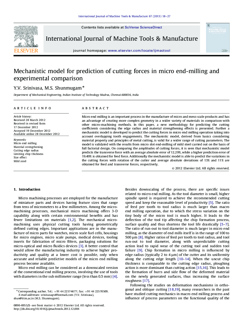 Mechanistic model for prediction of cutting forces in micro end-milling and experimental comparison