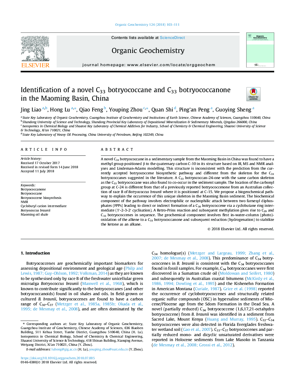 Identification of a novel C33 botryococcane and C33 botryococcanone in the Maoming Basin, China