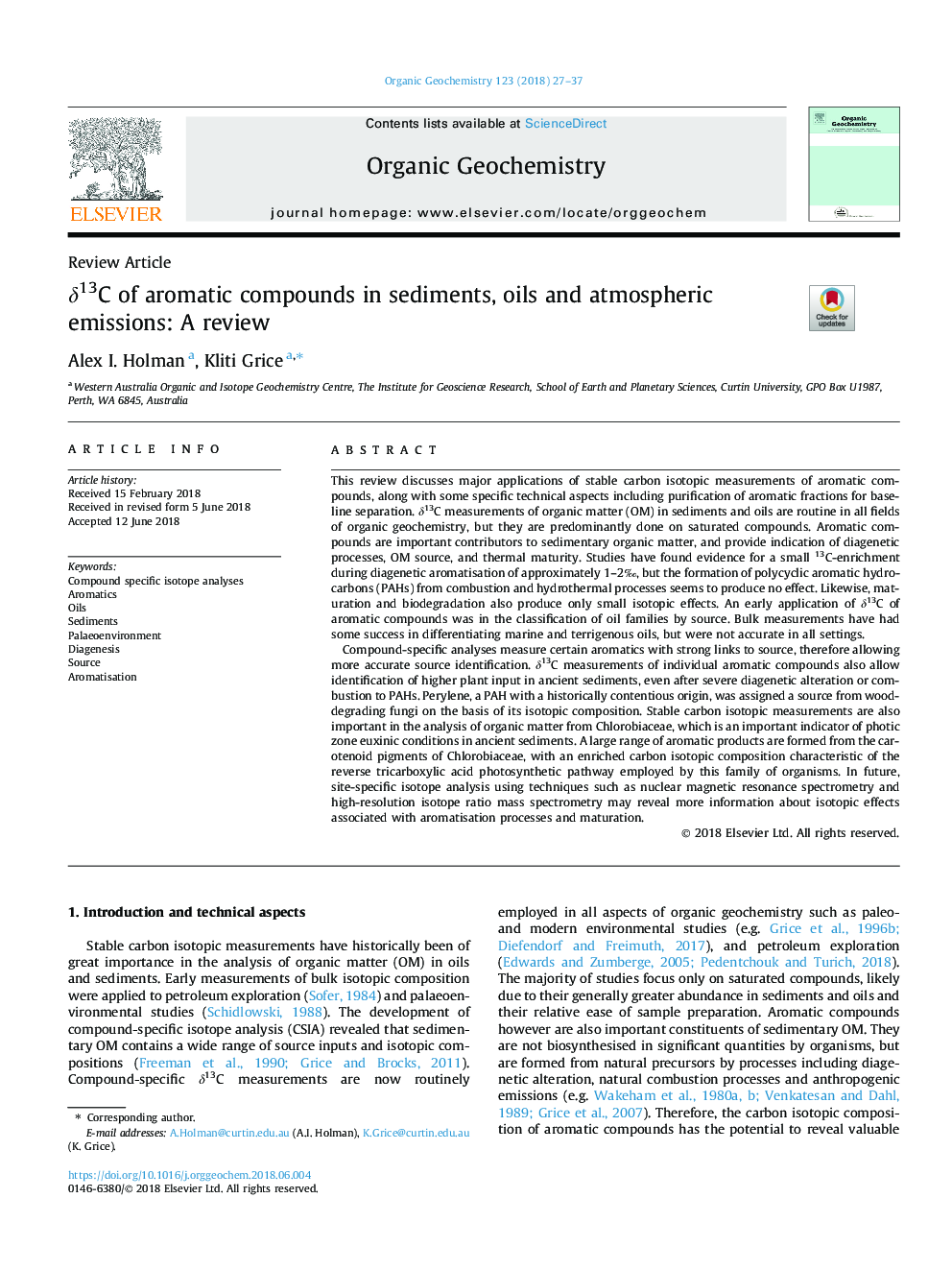 Î´13C of aromatic compounds in sediments, oils and atmospheric emissions: A review