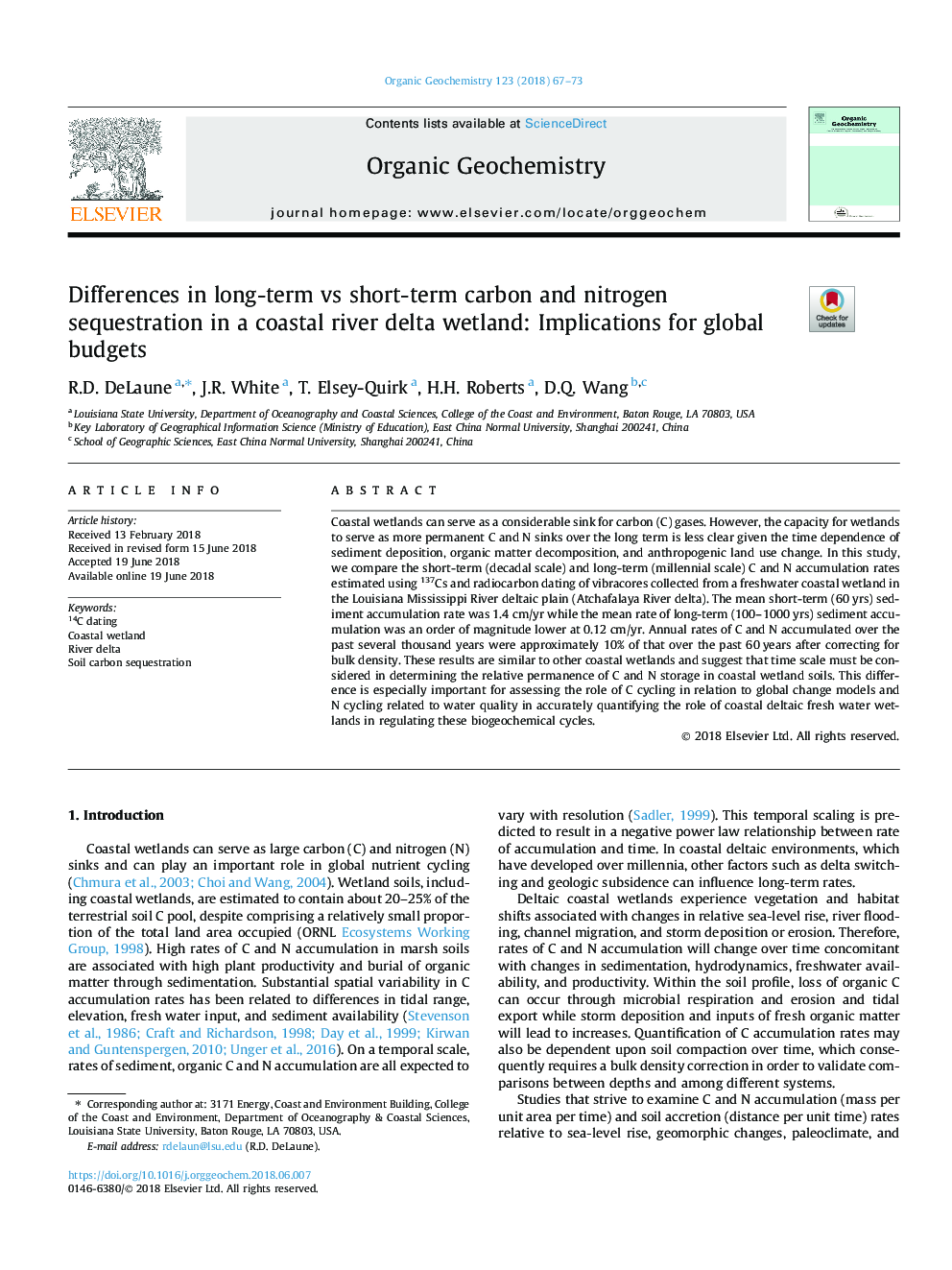 Differences in long-term vs short-term carbon and nitrogen sequestration in a coastal river delta wetland: Implications for global budgets