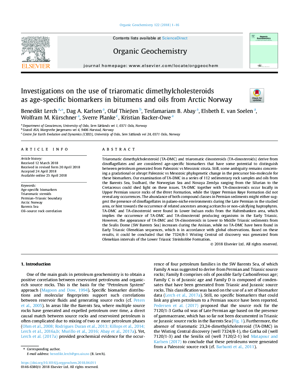 تحقیقات در مورد استفاده از دی متیل کلسترویید های سه گانه به عنوان سن سنجی های زیستی در بوته ها و روغن های قطب شمال نروژ 