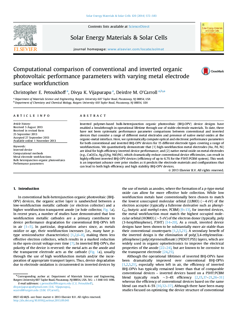 Computational comparison of conventional and inverted organic photovoltaic performance parameters with varying metal electrode surface workfunction