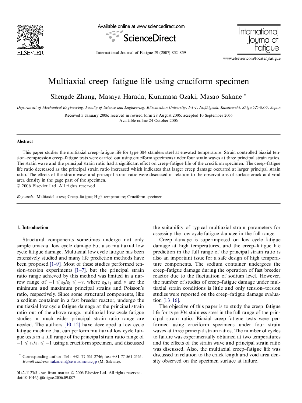 Multiaxial creep–fatigue life using cruciform specimen