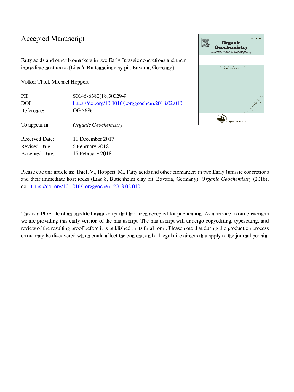 Fatty acids and other biomarkers in two Early Jurassic concretions and their immediate host rocks (Lias Î´, Buttenheim clay pit, Bavaria, Germany)