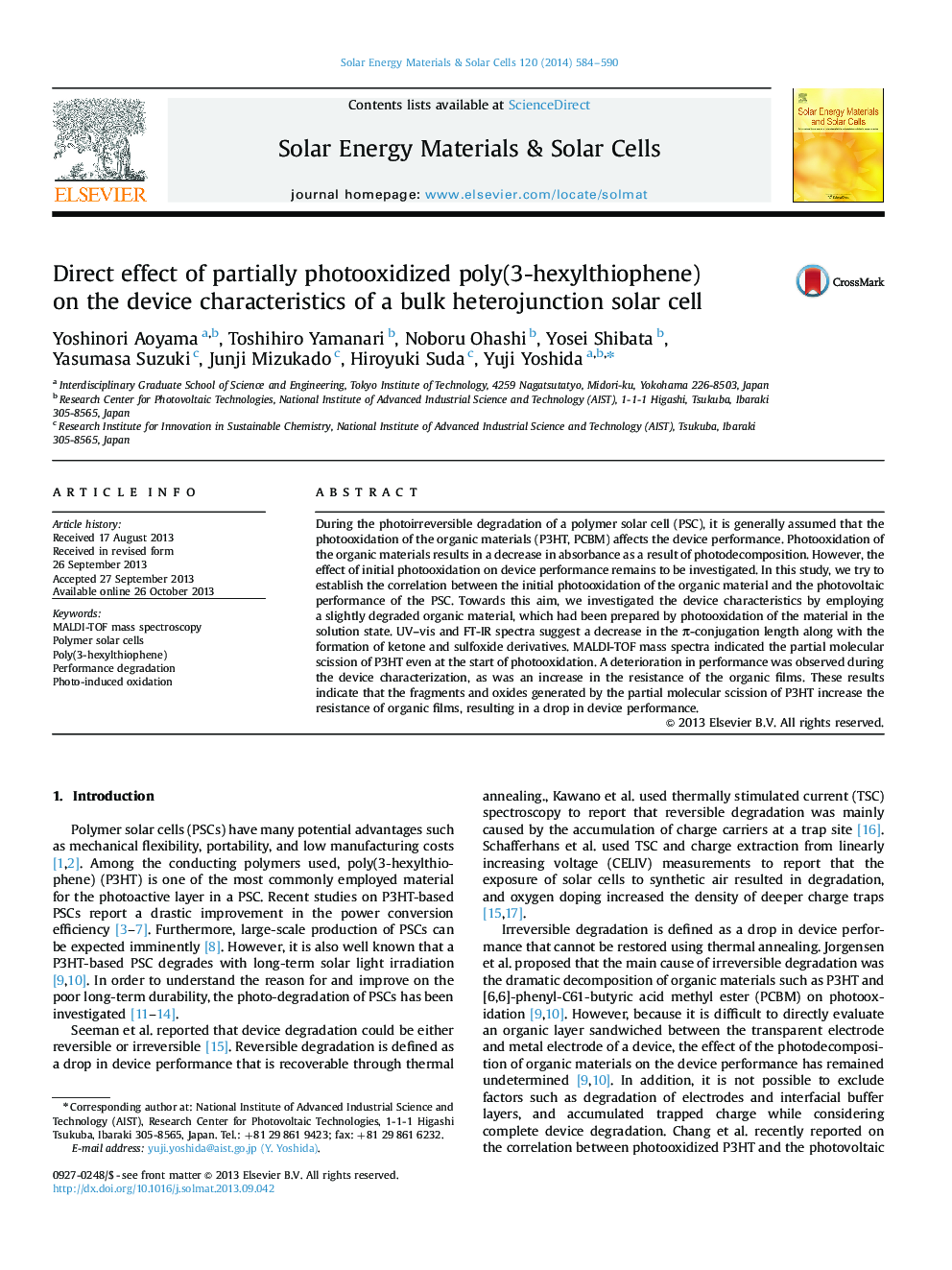 Direct effect of partially photooxidized poly(3-hexylthiophene) on the device characteristics of a bulk heterojunction solar cell