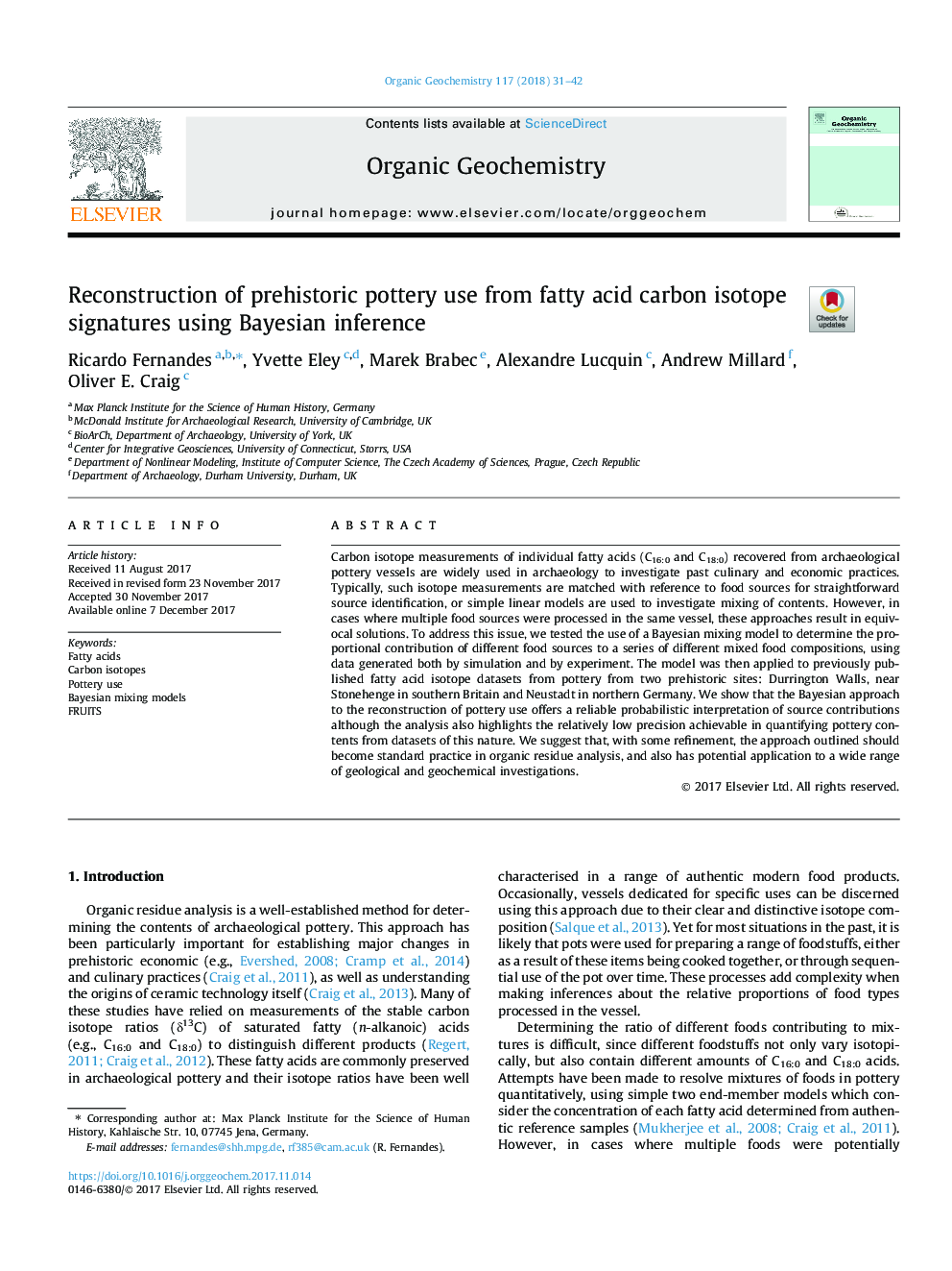 Reconstruction of prehistoric pottery use from fatty acid carbon isotope signatures using Bayesian inference