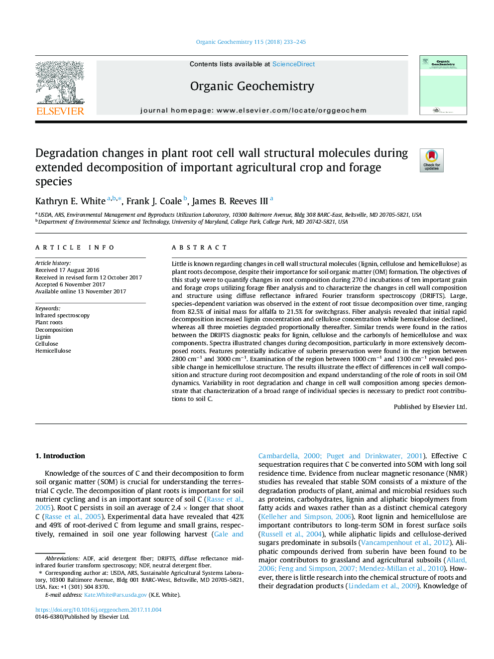 Degradation changes in plant root cell wall structural molecules during extended decomposition of important agricultural crop and forage species