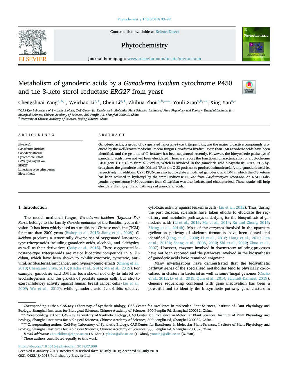 Metabolism of ganoderic acids by a Ganoderma lucidum cytochrome P450 and the 3-keto sterol reductase ERG27 from yeast