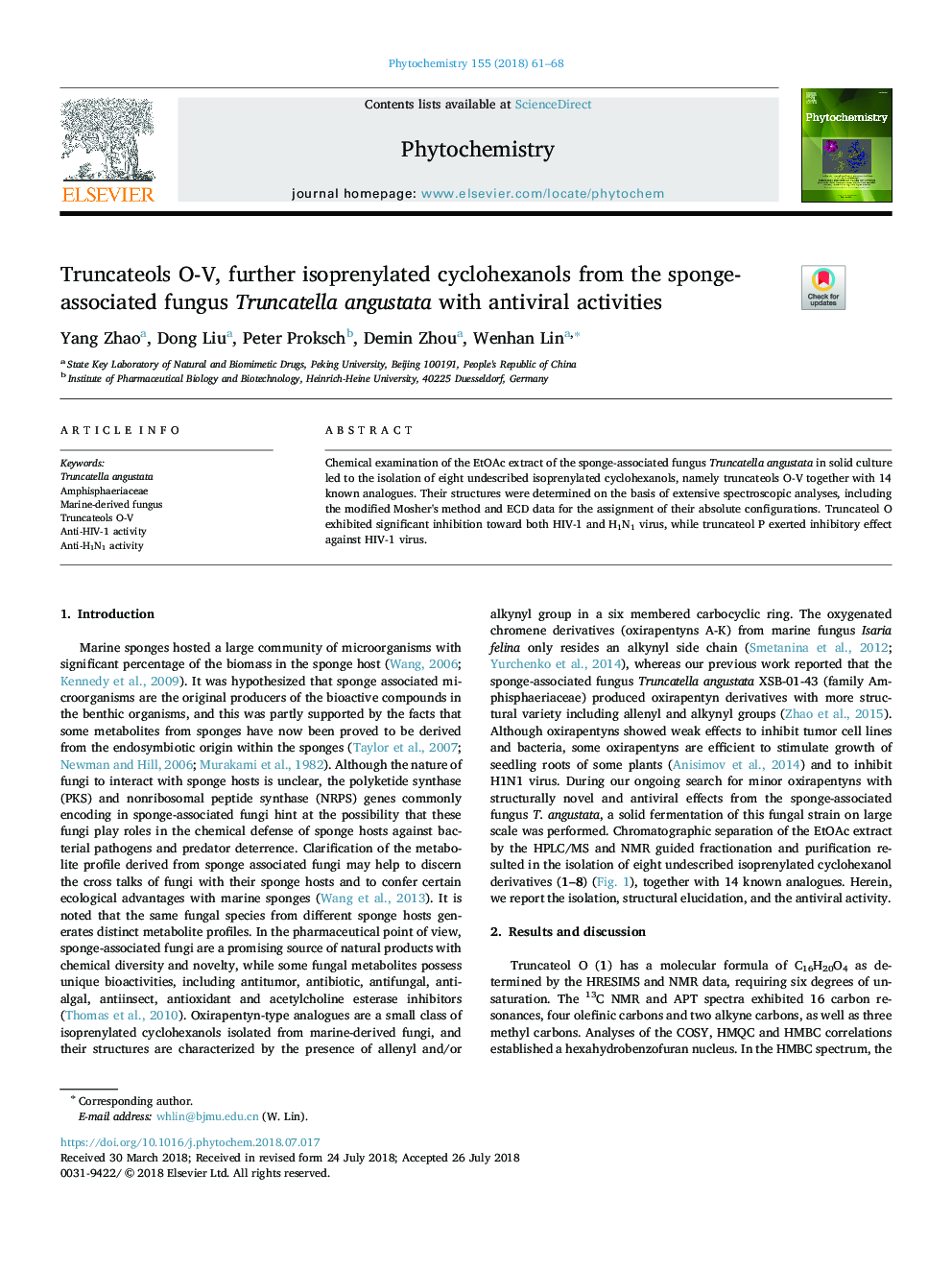 Truncateols O-V, further isoprenylated cyclohexanols from the sponge-associated fungus Truncatella angustata with antiviral activities