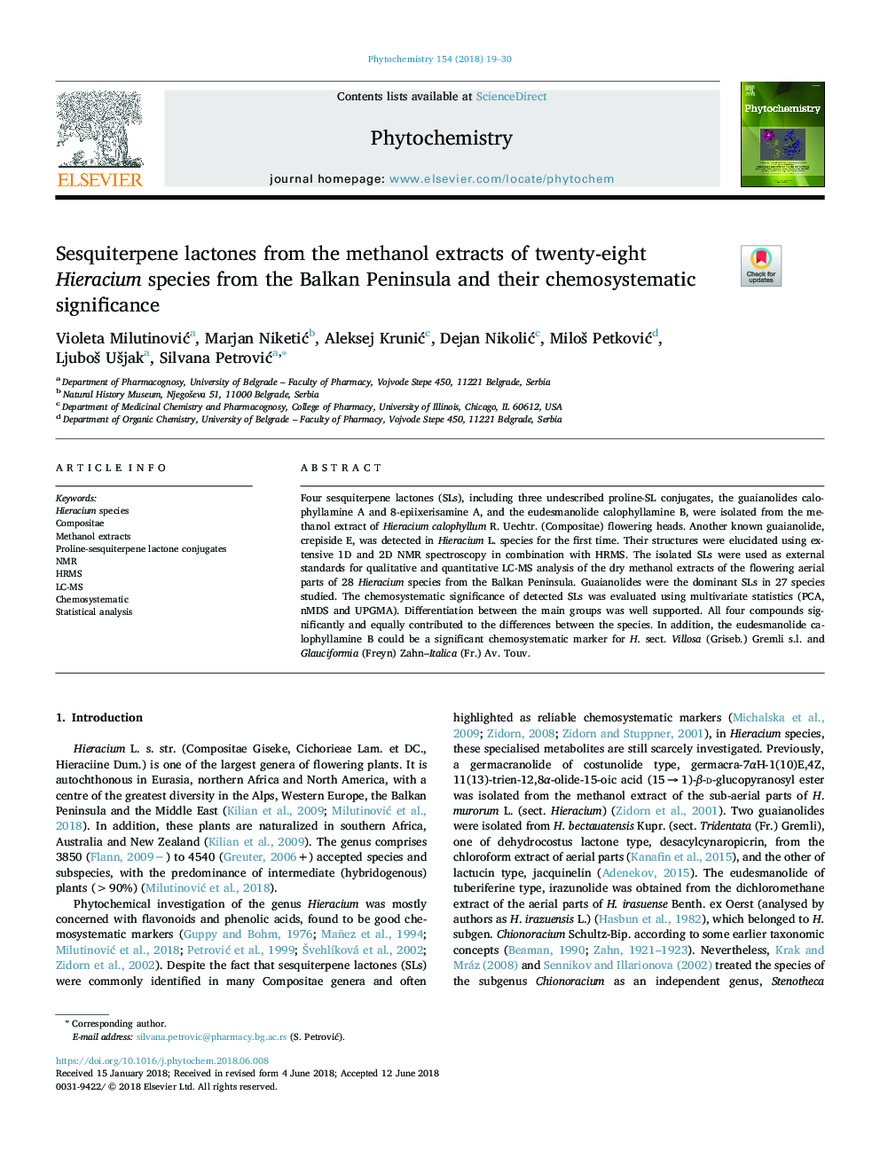 Sesquiterpene lactones from the methanol extracts of twenty-eight Hieracium species from the Balkan Peninsula and their chemosystematic significance