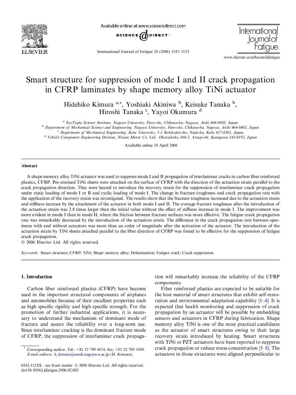 Smart structure for suppression of mode I and II crack propagation in CFRP laminates by shape memory alloy TiNi actuator