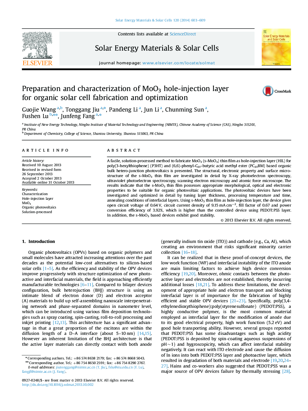 Preparation and characterization of MoO3 hole-injection layer for organic solar cell fabrication and optimization