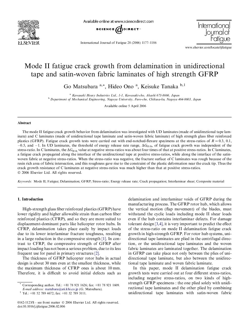 Mode II fatigue crack growth from delamination in unidirectional tape and satin-woven fabric laminates of high strength GFRP