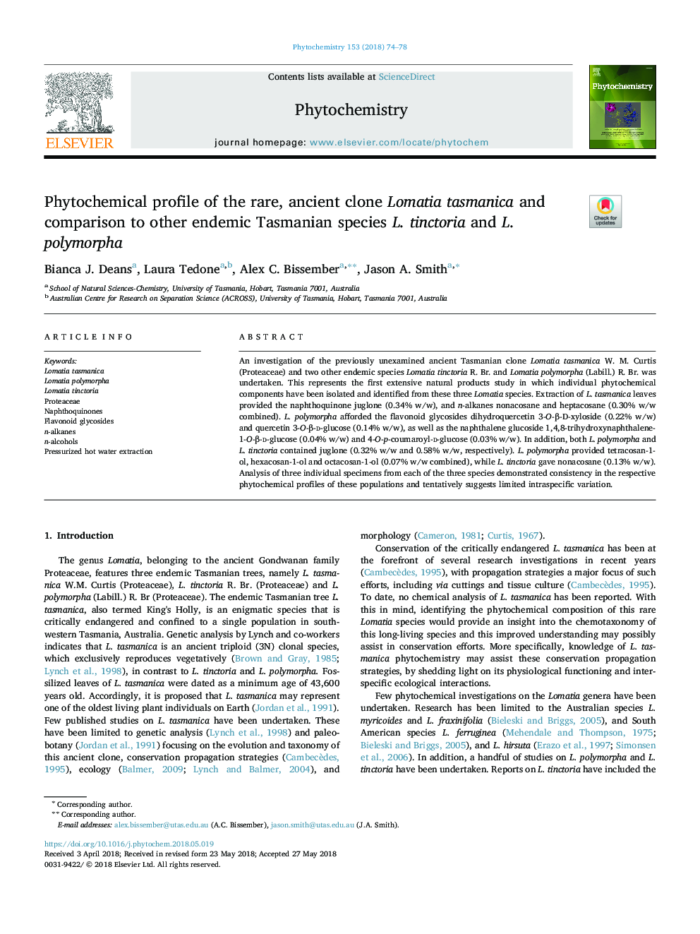 Phytochemical profile of the rare, ancient clone Lomatia tasmanica and comparison to other endemic Tasmanian species L. tinctoria and L. polymorpha