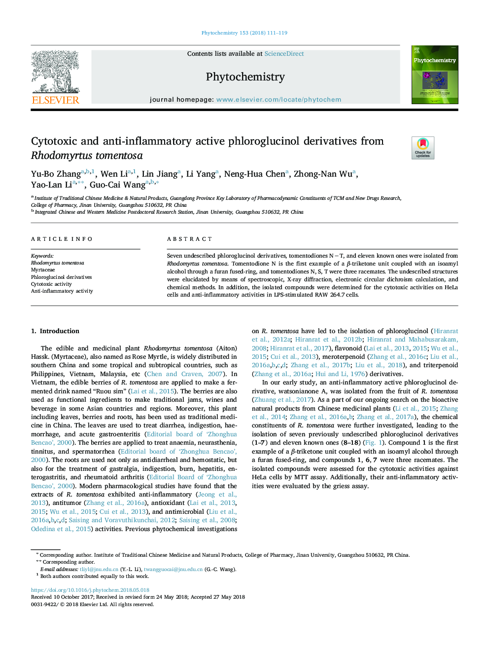 Cytotoxic and anti-inflammatory active phloroglucinol derivatives from Rhodomyrtus tomentosa