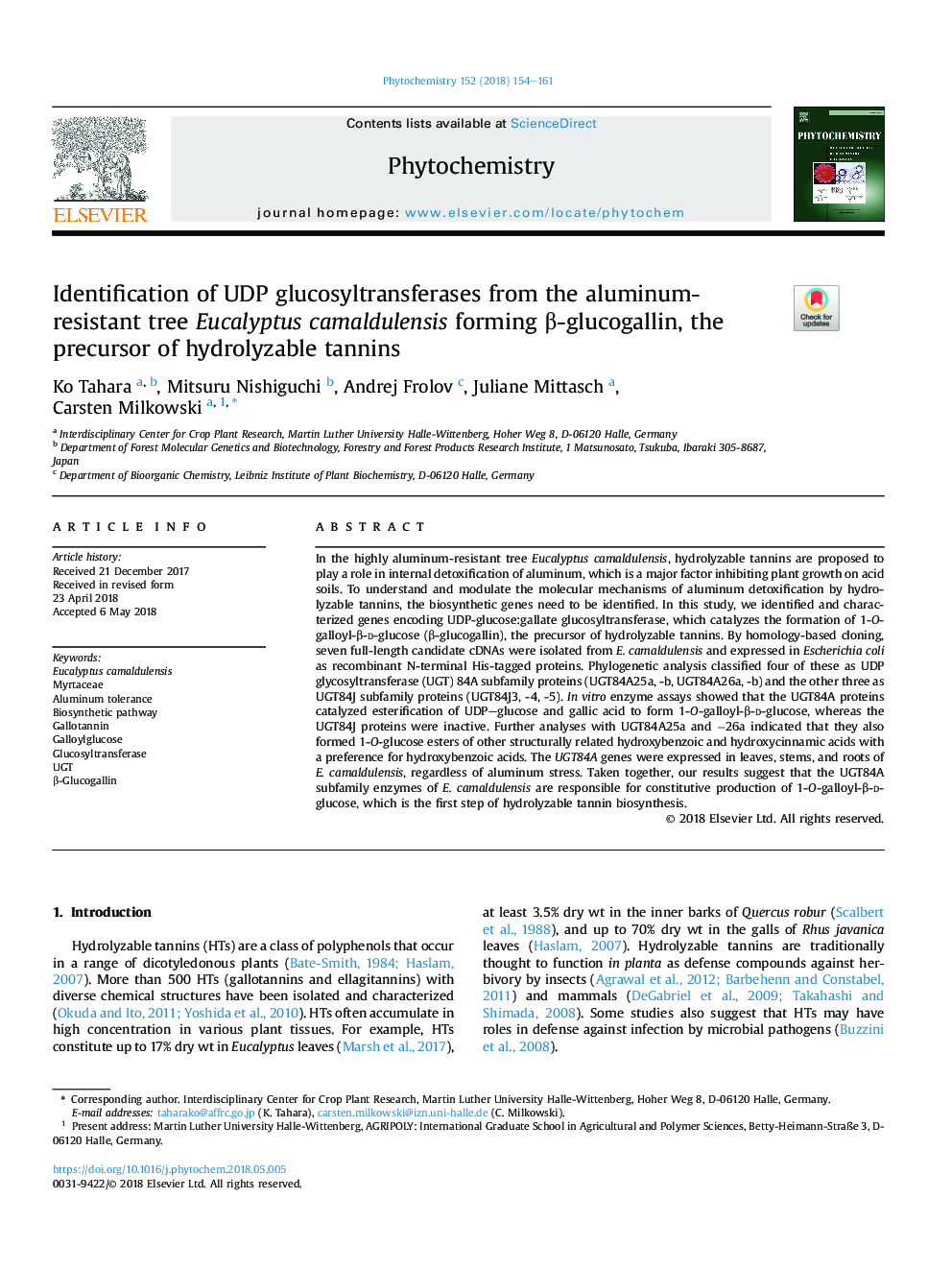 Identification of UDP glucosyltransferases from the aluminum-resistant tree Eucalyptus camaldulensis forming Î²-glucogallin, the precursor of hydrolyzable tannins