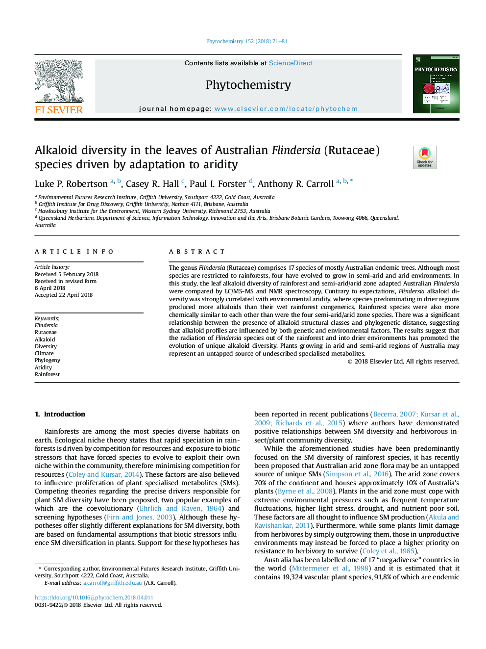 Alkaloid diversity in the leaves of Australian Flindersia (Rutaceae) species driven by adaptation to aridity