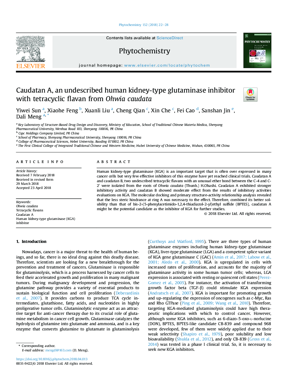 عکس صفحه اول مقاله: Caudatan A, an undescribed human kidney-type glutaminase inhibitor with tetracyclic flavan from Ohwia caudata Caudatan A, an undescribed human kidney-type glutaminase inhibitor with tetracyclic flavan from Ohwia caudata