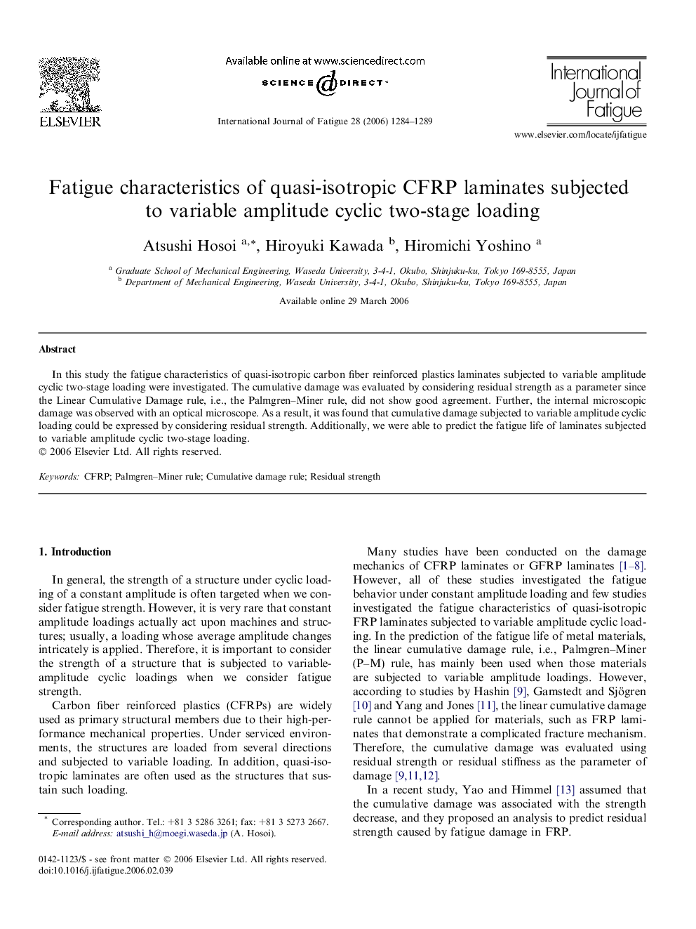 Fatigue characteristics of quasi-isotropic CFRP laminates subjected to variable amplitude cyclic two-stage loading