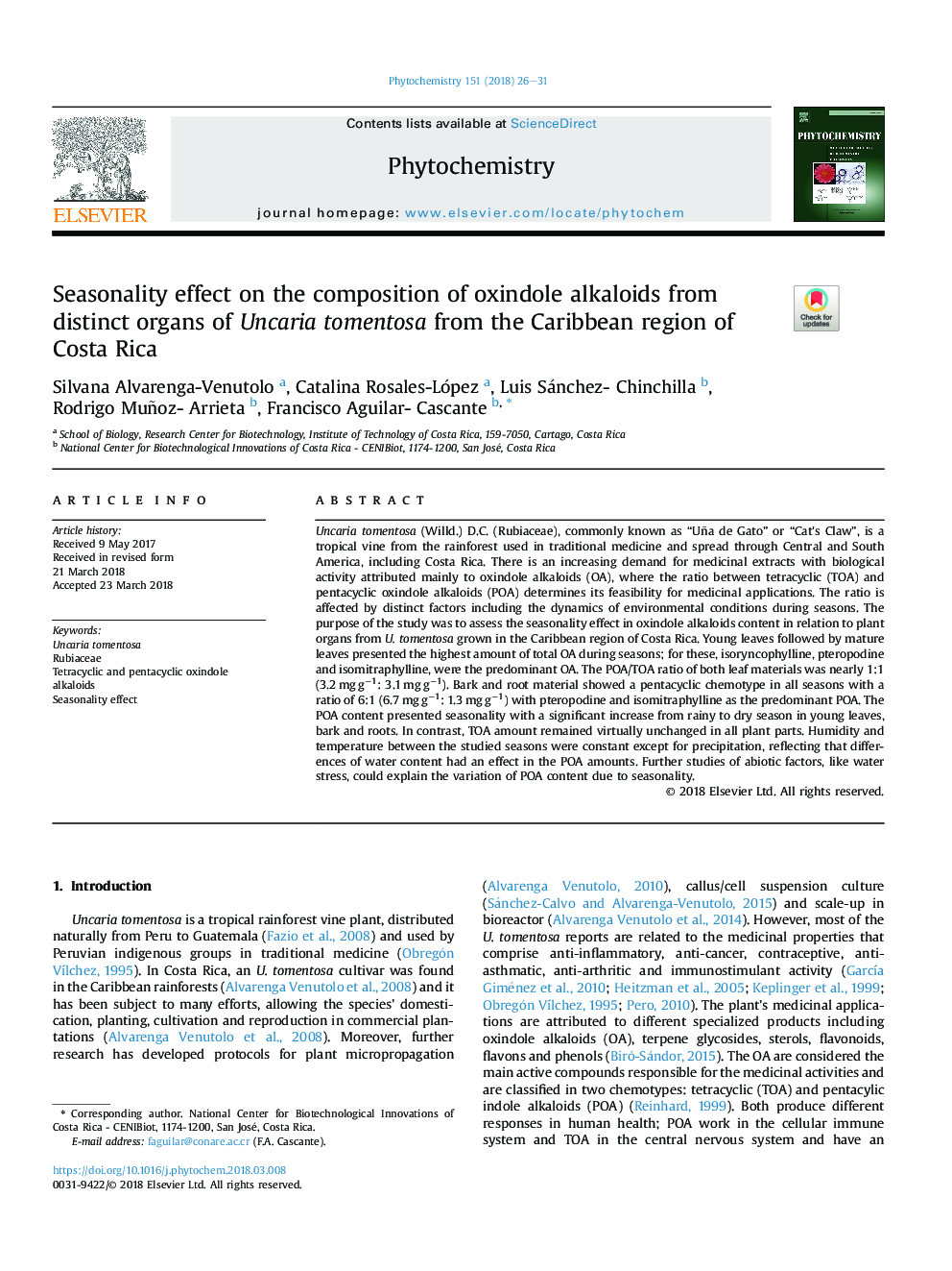 Seasonality effect on the composition of oxindole alkaloids from distinct organs of Uncaria tomentosa from the Caribbean region of Costa Rica