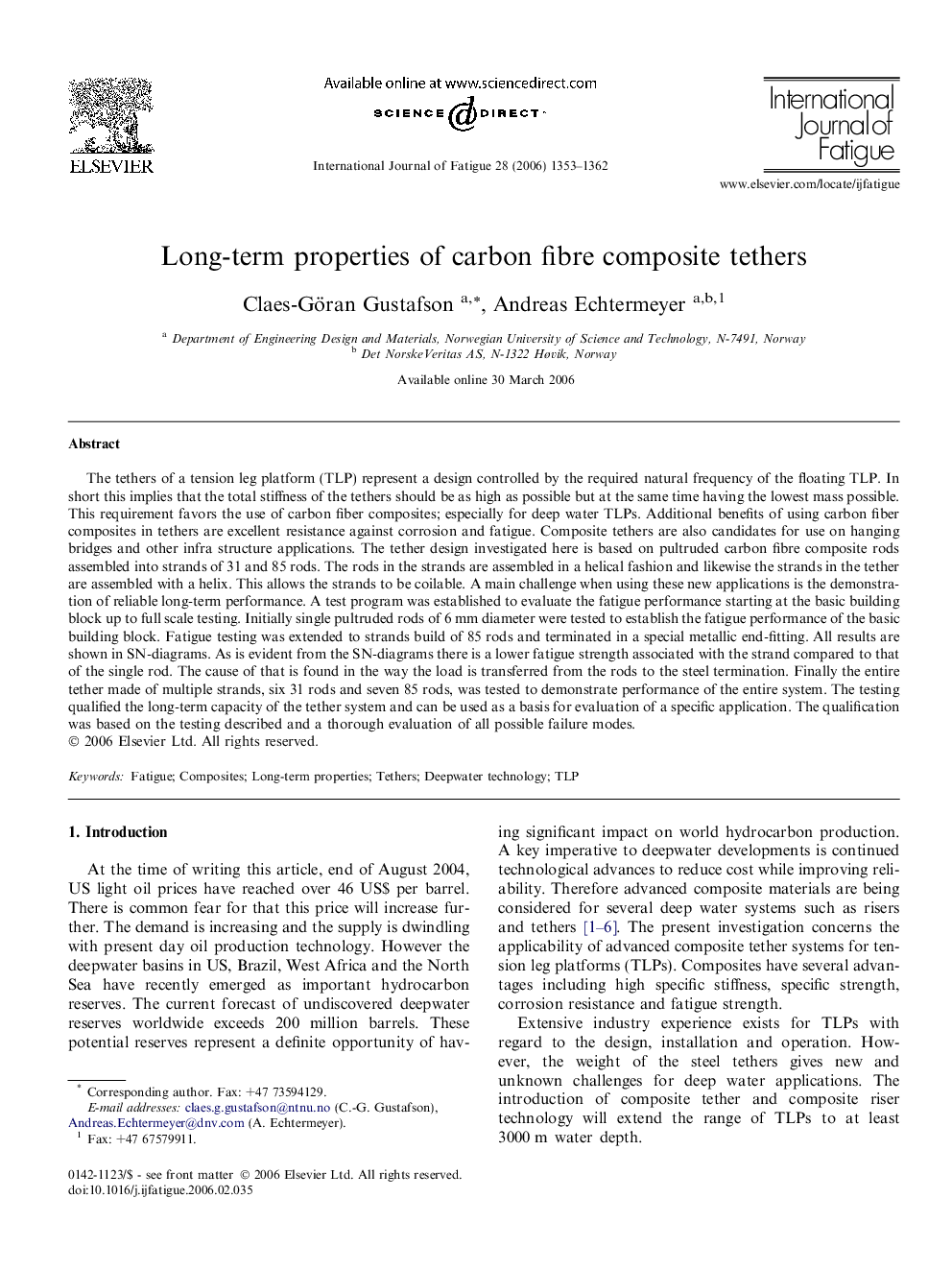 Long-term properties of carbon fibre composite tethers