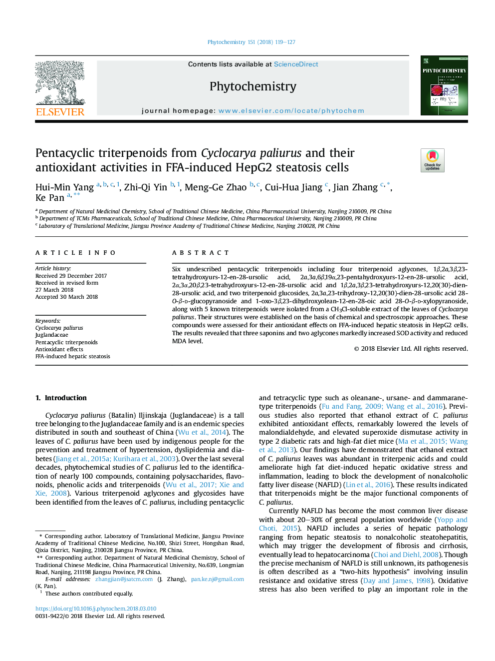 Pentacyclic triterpenoids from Cyclocarya paliurus and their antioxidant activities in FFA-induced HepG2 steatosis cells