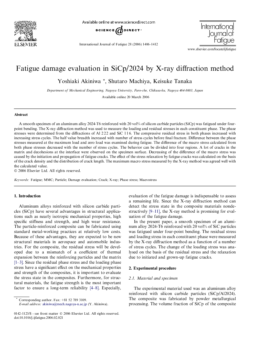 Fatigue damage evaluation in SiCp/2024 by X-ray diffraction method