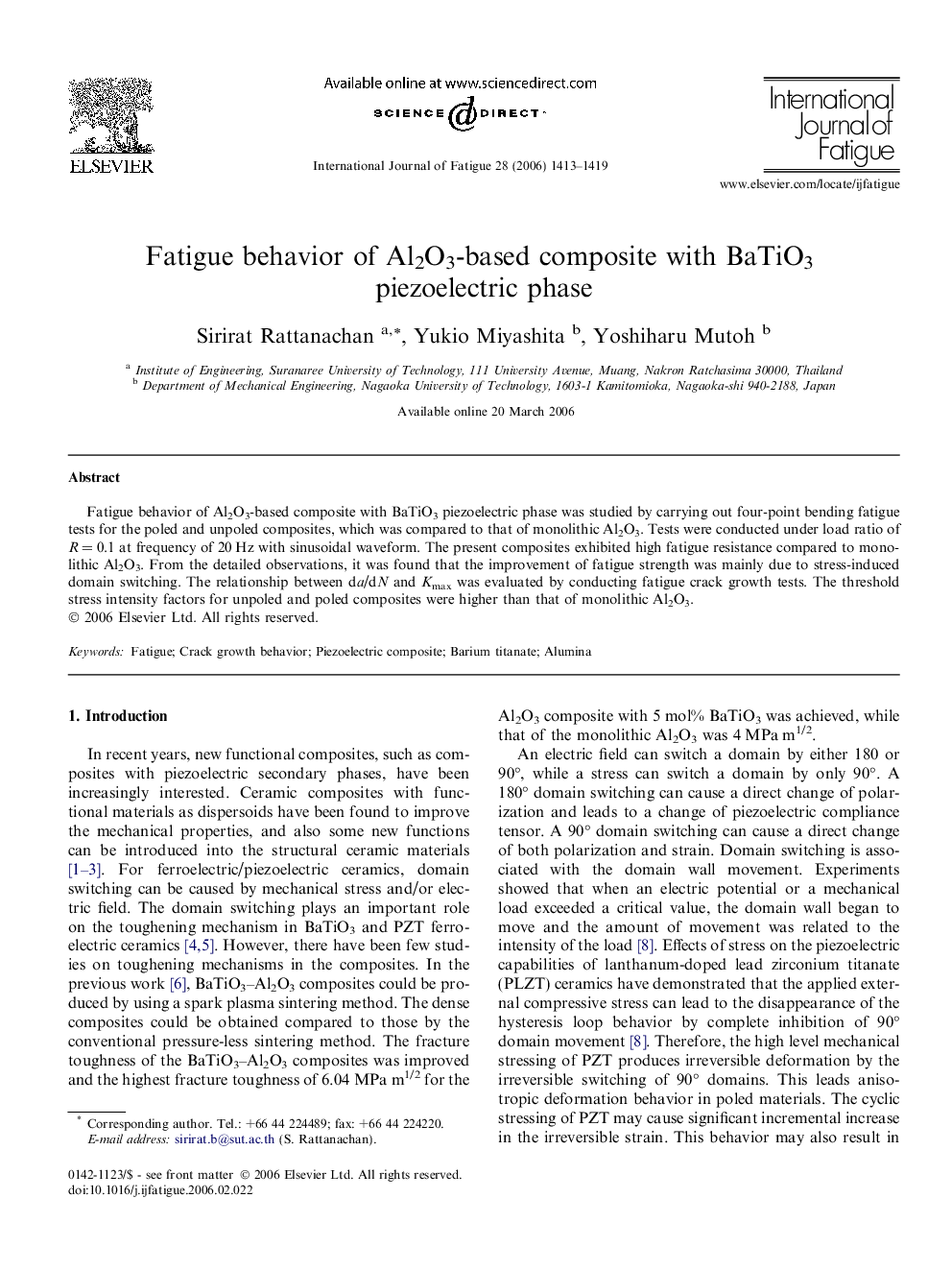 Fatigue behavior of Al2O3-based composite with BaTiO3 piezoelectric phase