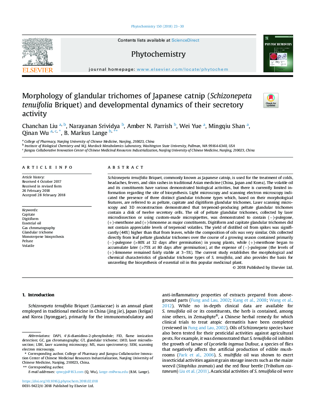 Morphology of glandular trichomes of Japanese catnip (Schizonepeta tenuifolia Briquet) and developmental dynamics of their secretory activity