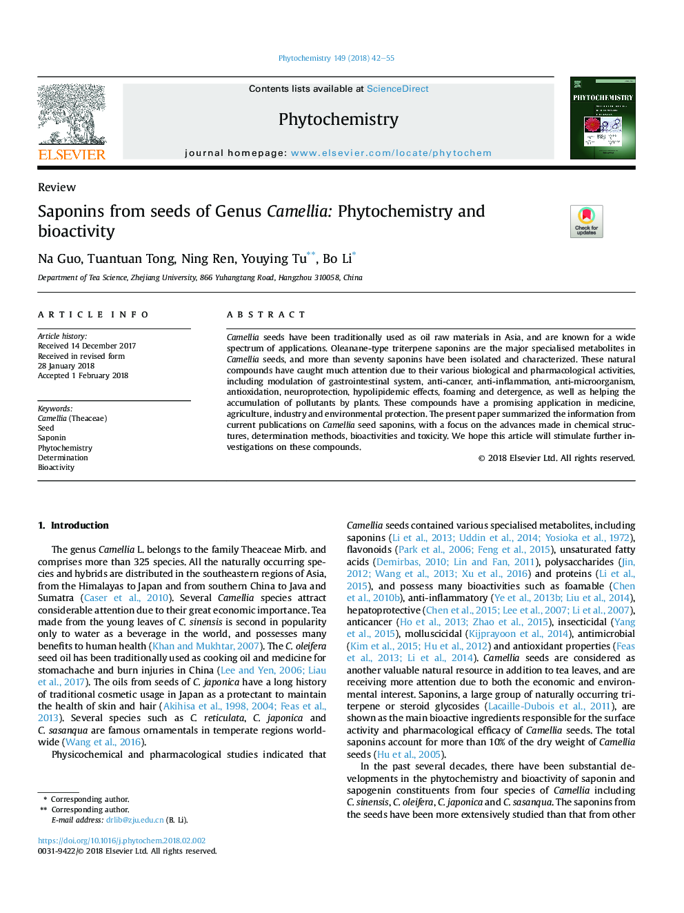 Saponins from seeds of Genus Camellia: Phytochemistry and bioactivity