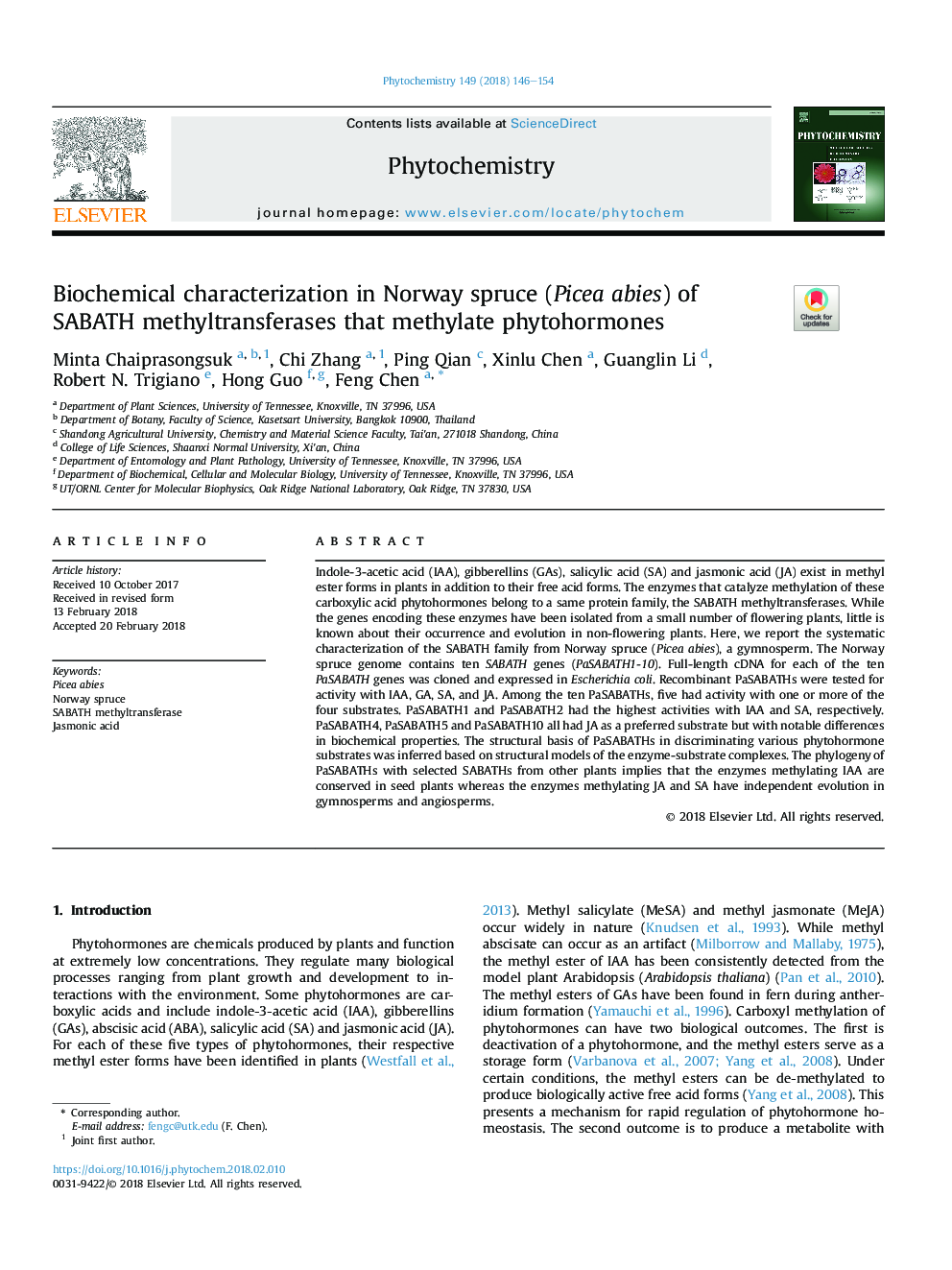 Biochemical characterization in Norway spruce (Picea abies) of SABATH methyltransferases that methylate phytohormones