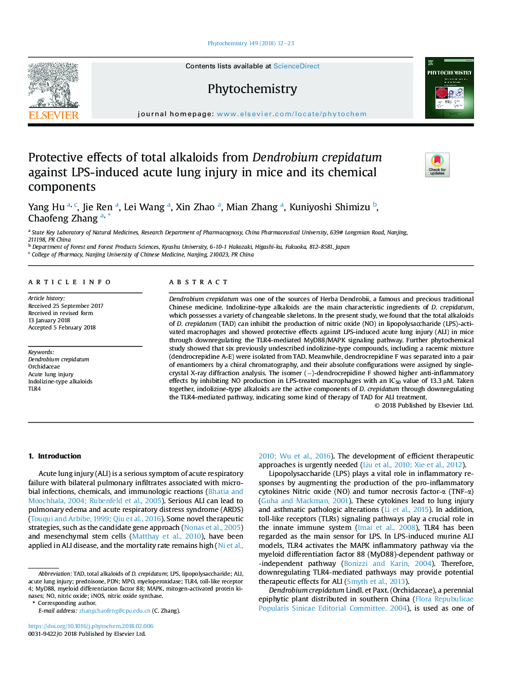 Protective effects of total alkaloids from Dendrobium crepidatum against LPS-induced acute lung injury in mice and its chemical components