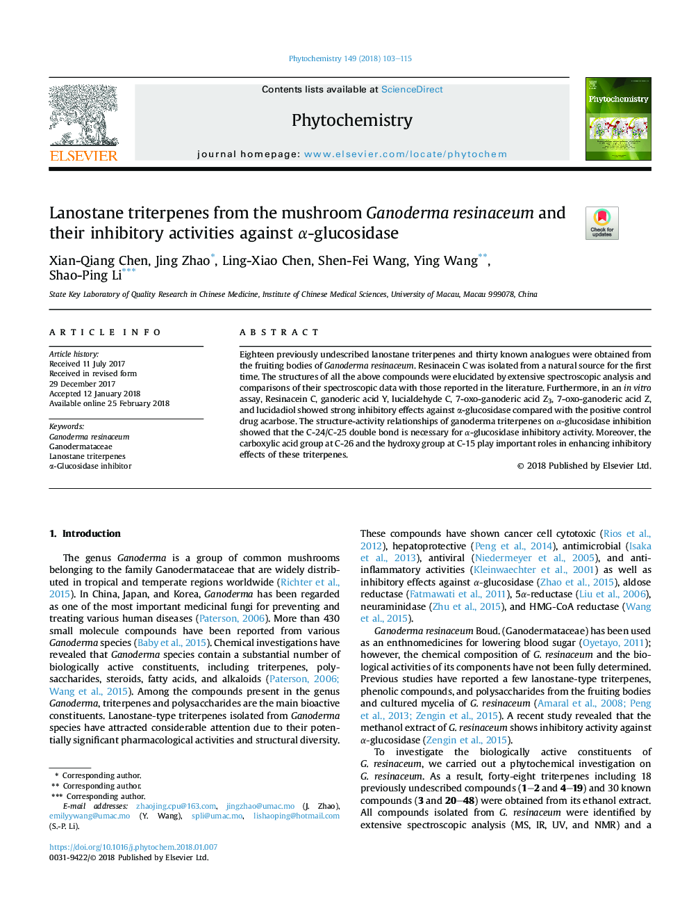 Lanostane triterpenes from the mushroom Ganoderma resinaceum and their inhibitory activities against Î±-glucosidase