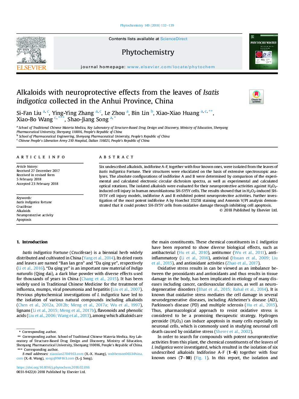 Alkaloids with neuroprotective effects from the leaves of Isatis indigotica collected in the Anhui Province, China