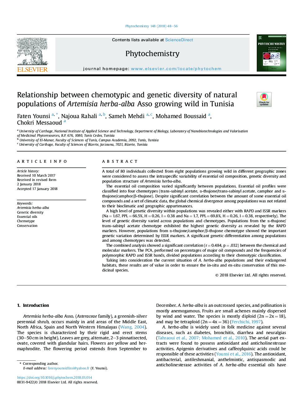 Relationship between chemotypic and genetic diversity of natural populations of Artemisia herba-alba Asso growing wild in Tunisia