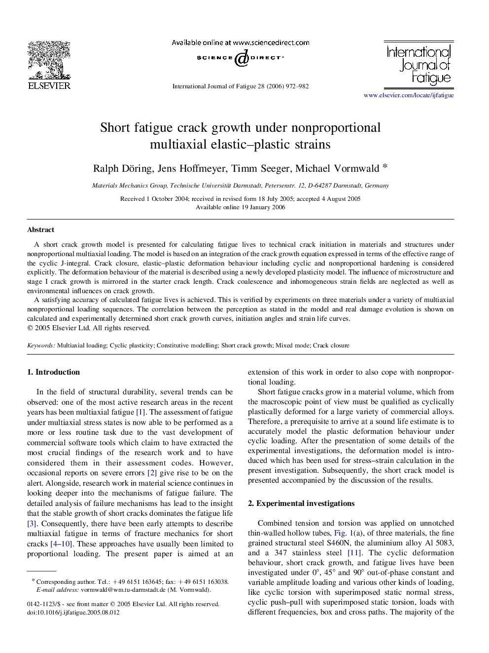 Short fatigue crack growth under nonproportional multiaxial elastic–plastic strains