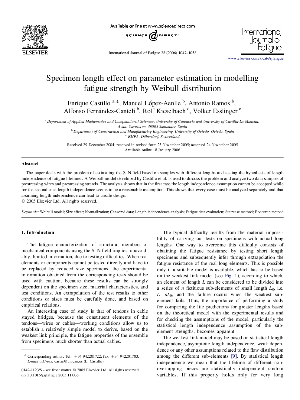 Specimen length effect on parameter estimation in modelling fatigue strength by Weibull distribution