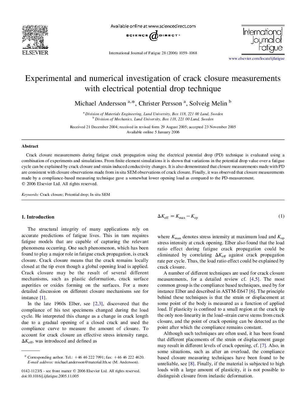 Experimental and numerical investigation of crack closure measurements with electrical potential drop technique