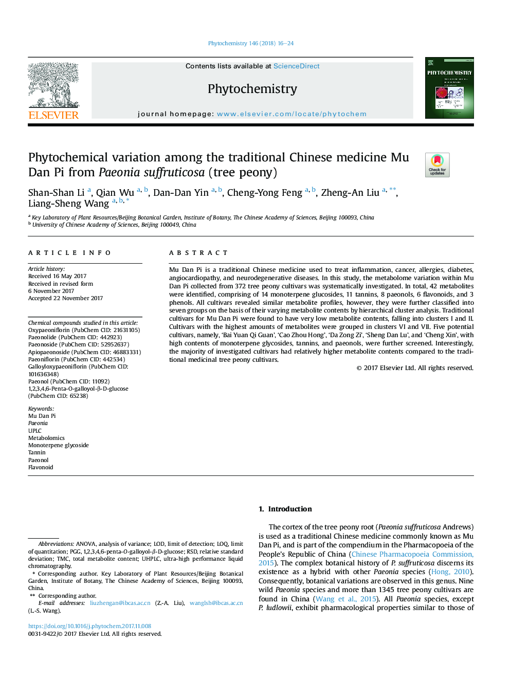 Phytochemical variation among the traditional Chinese medicine Mu Dan Pi from Paeonia suffruticosa (tree peony)