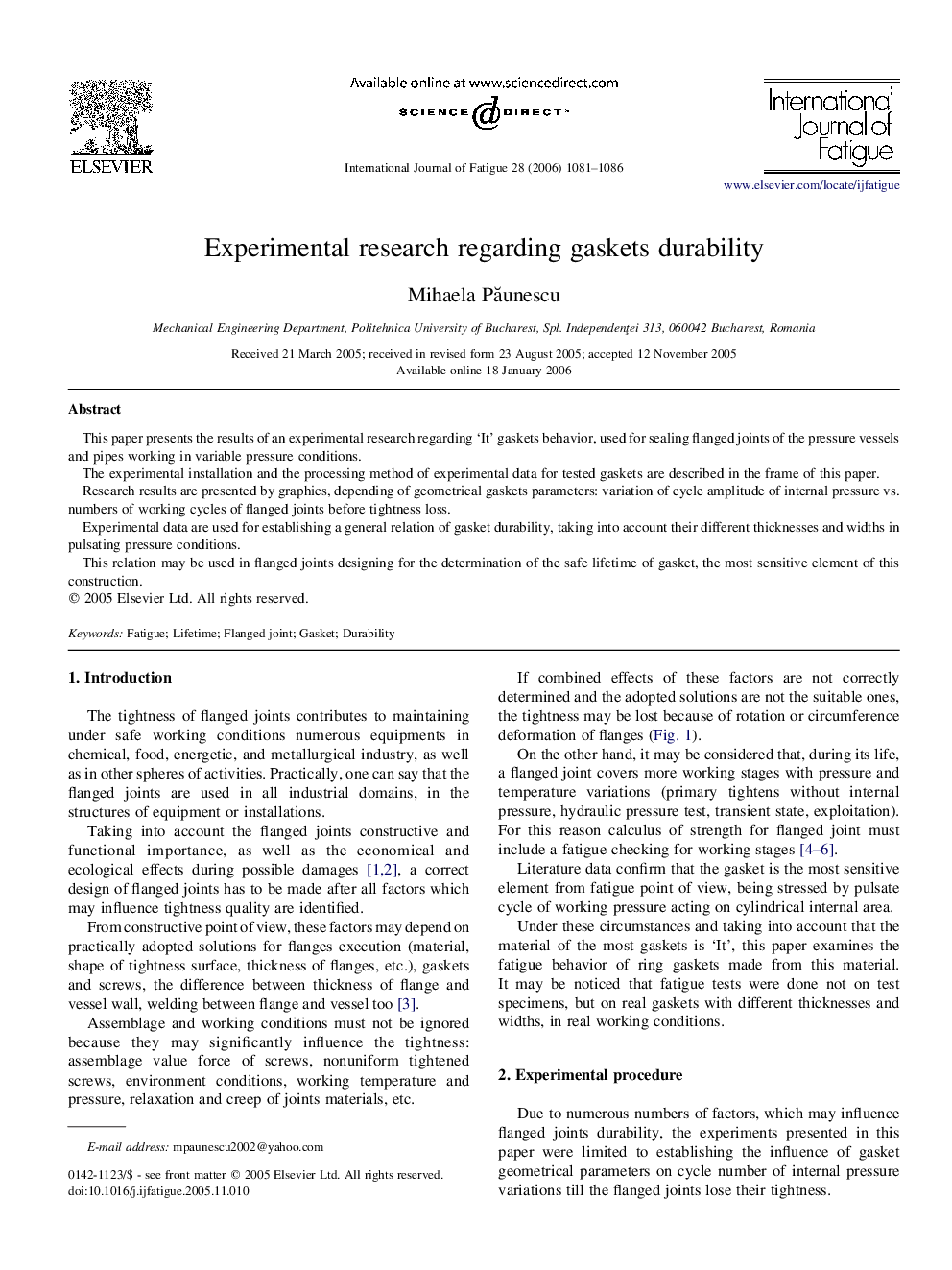 Experimental research regarding gaskets durability