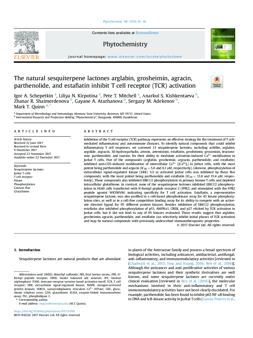 The natural sesquiterpene lactones arglabin, grosheimin, agracin, parthenolide, and estafiatin inhibit T cell receptor (TCR) activation