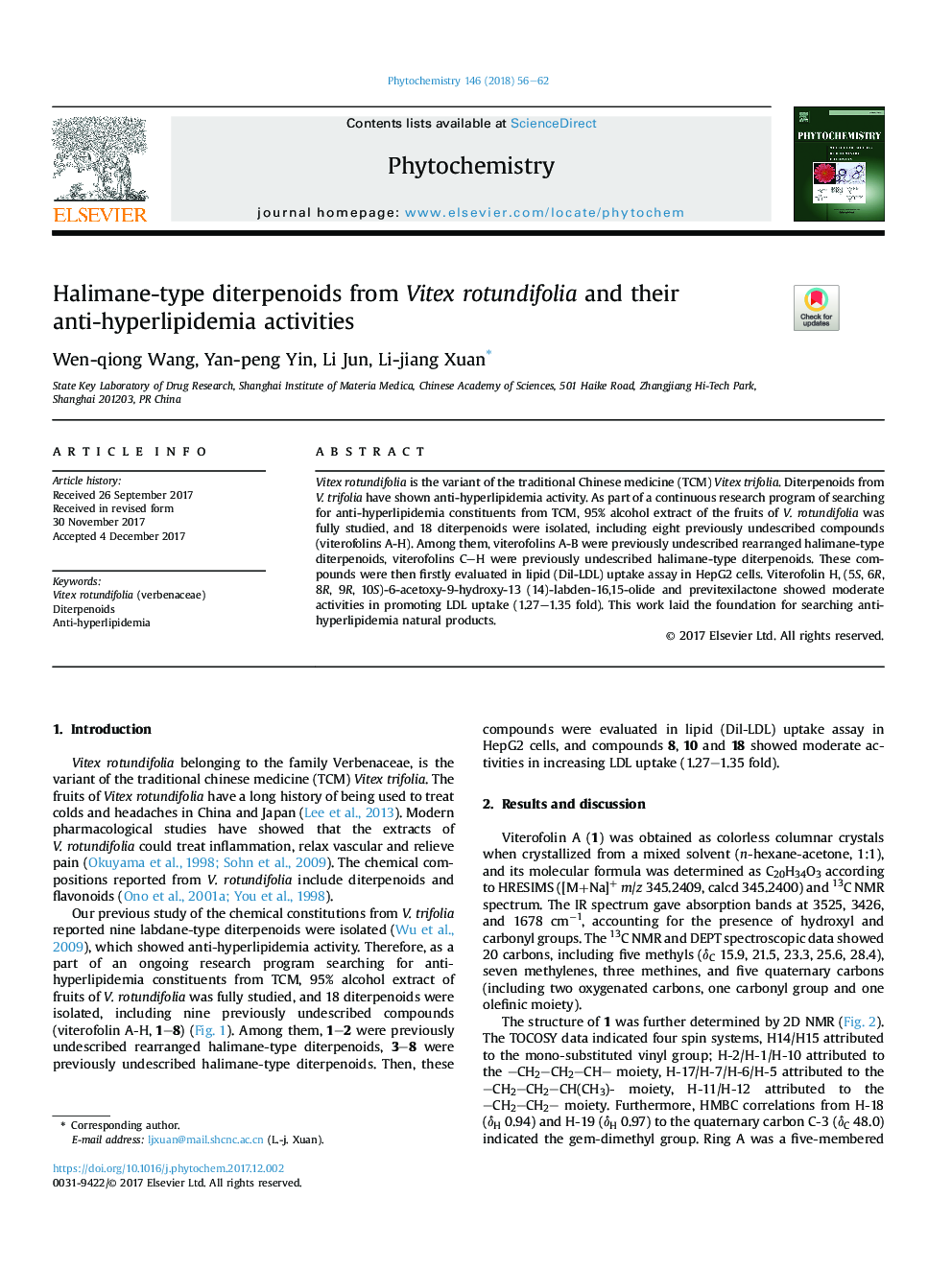 Halimane-type diterpenoids from Vitex rotundifolia and their anti-hyperlipidemia activities