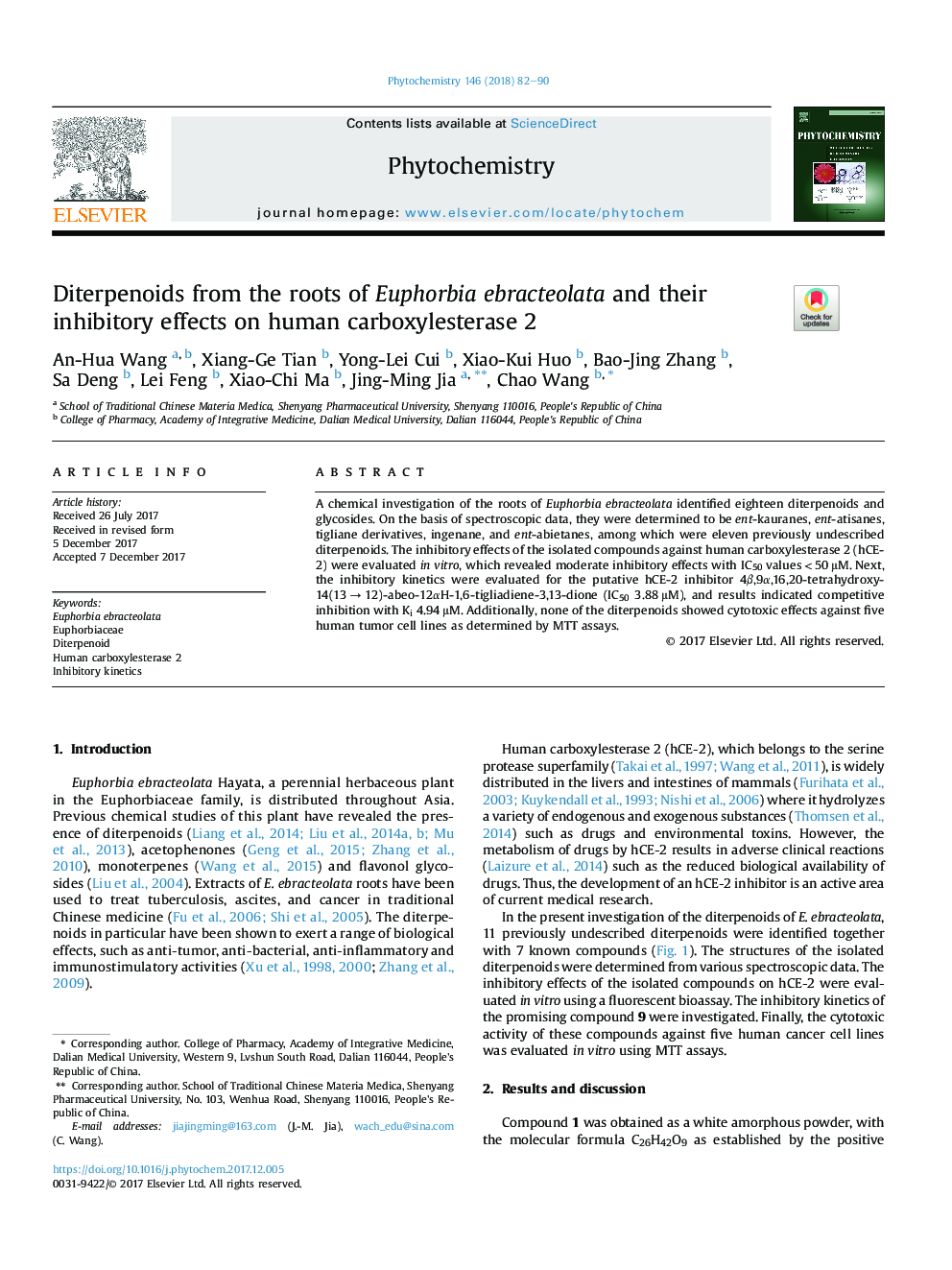 Diterpenoids from the roots of Euphorbia ebracteolata and their inhibitory effects on human carboxylesterase 2