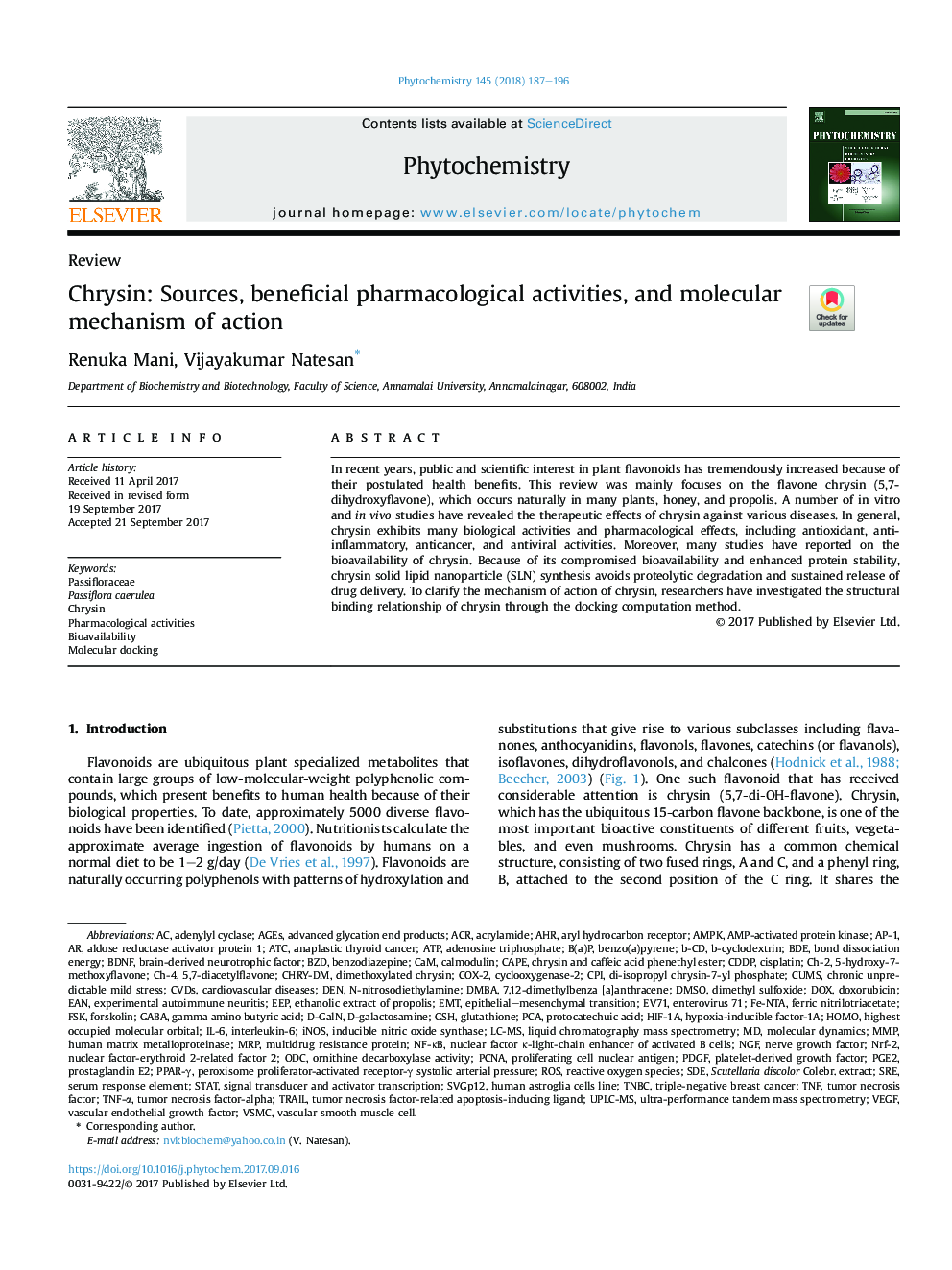 Chrysin: Sources, beneficial pharmacological activities, and molecular mechanism of action