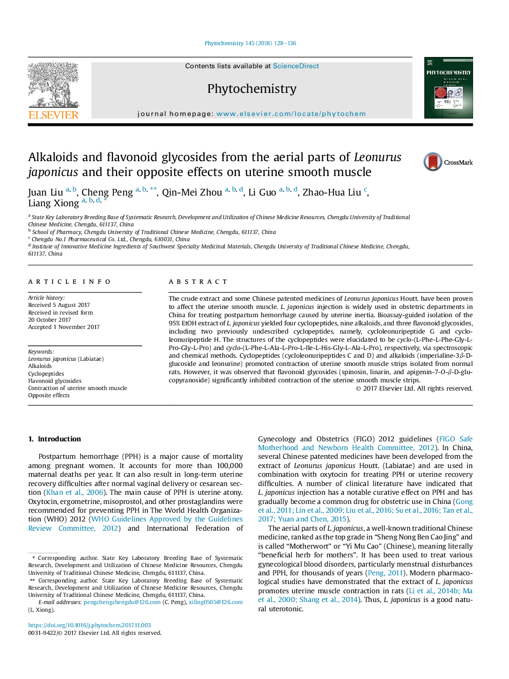 Alkaloids and flavonoid glycosides from the aerial parts of Leonurus japonicus and their opposite effects on uterine smooth muscle