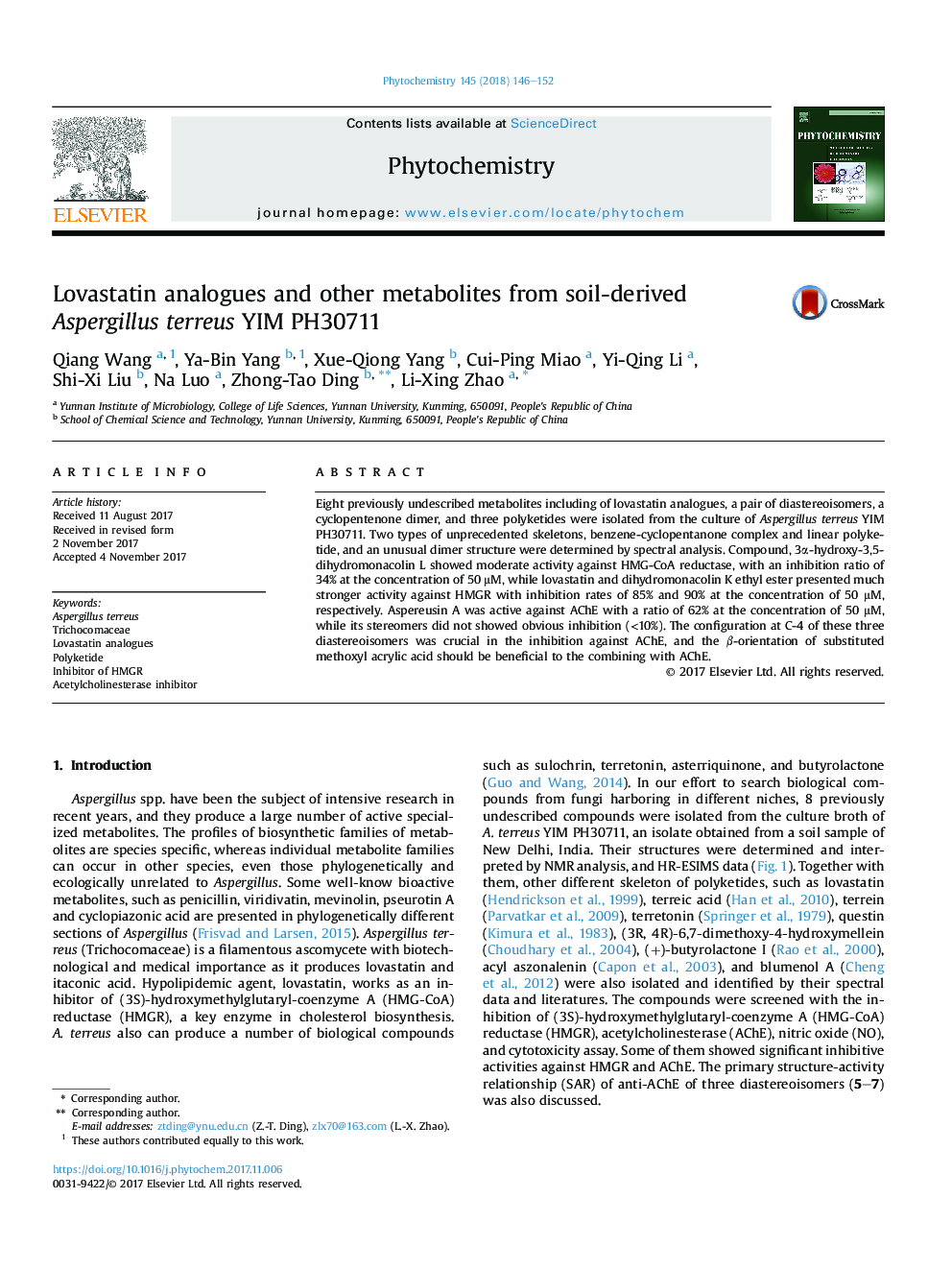 Lovastatin analogues and other metabolites from soil-derived Aspergillus terreus YIM PH30711