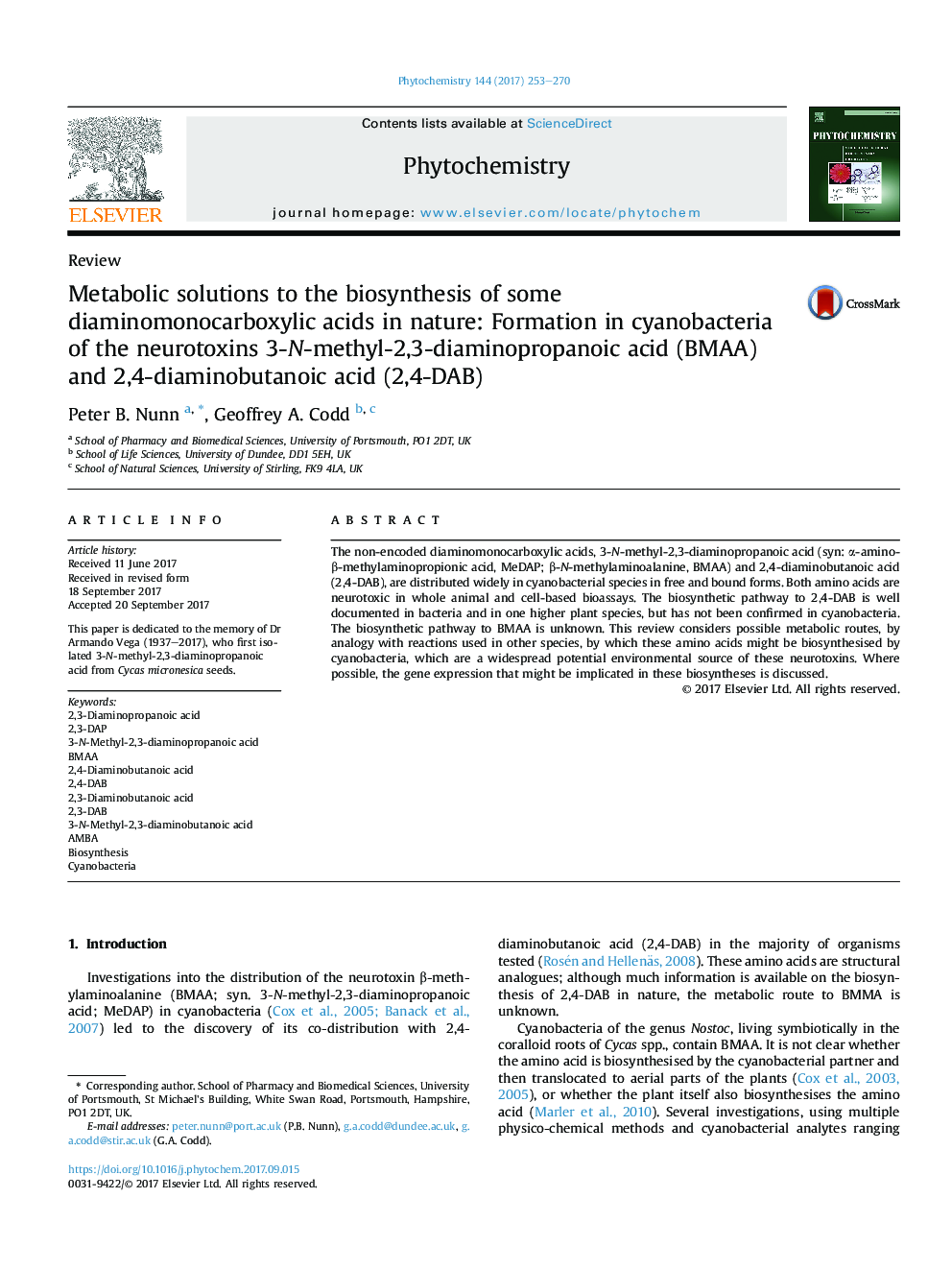Metabolic solutions to the biosynthesis of some diaminomonocarboxylic acids in nature: Formation in cyanobacteria of the neurotoxins 3-N-methyl-2,3-diaminopropanoic acid (BMAA) and 2,4-diaminobutanoic acid (2,4-DAB)