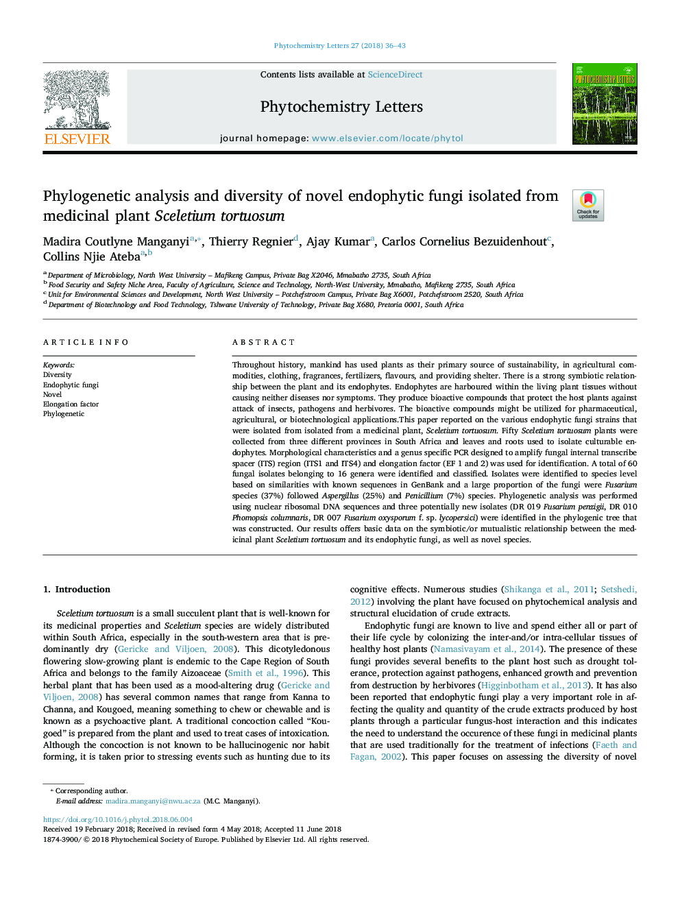 Phylogenetic analysis and diversity of novel endophytic fungi isolated from medicinal plant Sceletium tortuosum