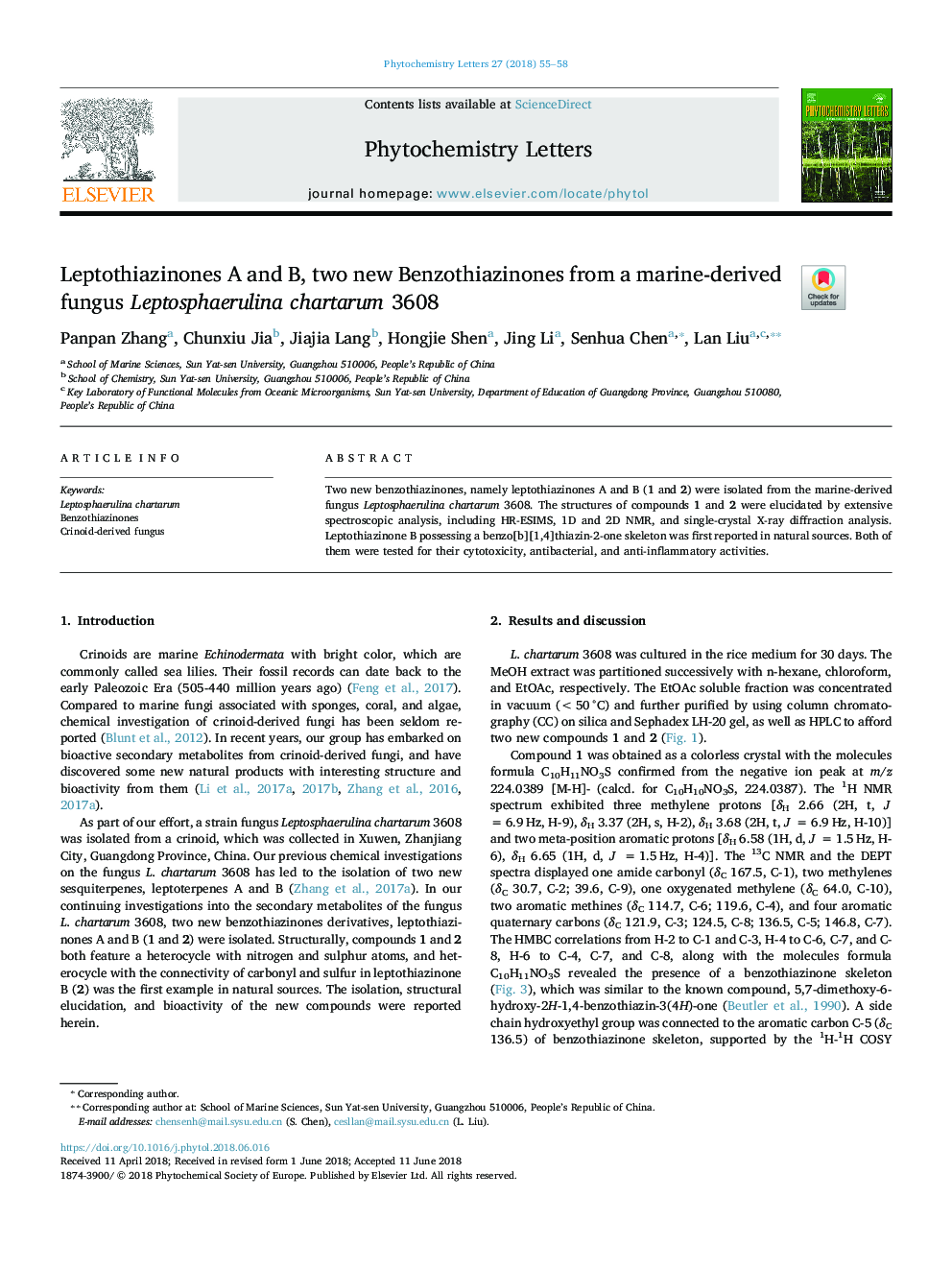 Leptothiazinones A and B, two new Benzothiazinones from a marine-derived fungus Leptosphaerulina chartarum 3608