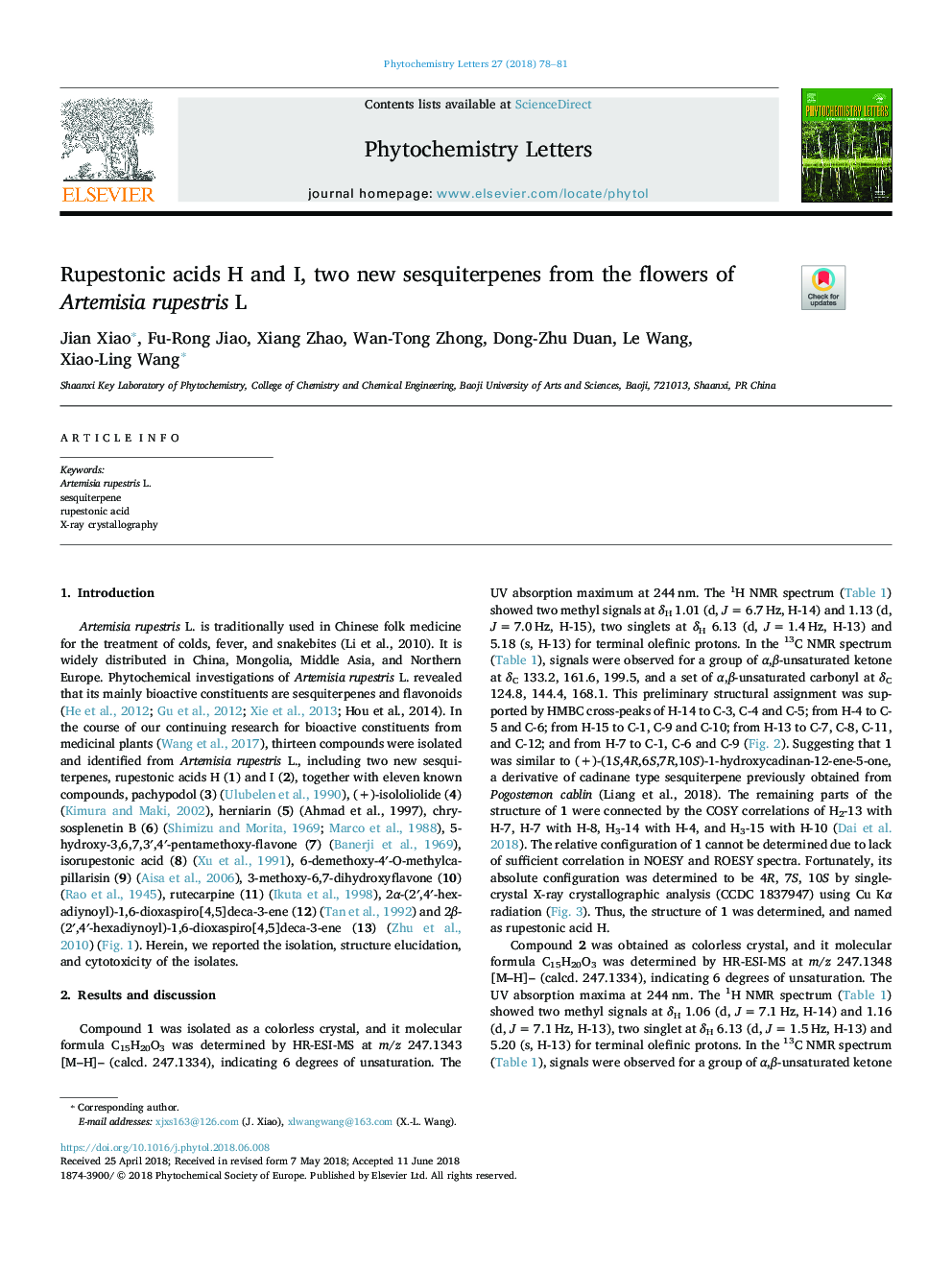 Rupestonic acids H and I, two new sesquiterpenes from the flowers of Artemisia rupestris L